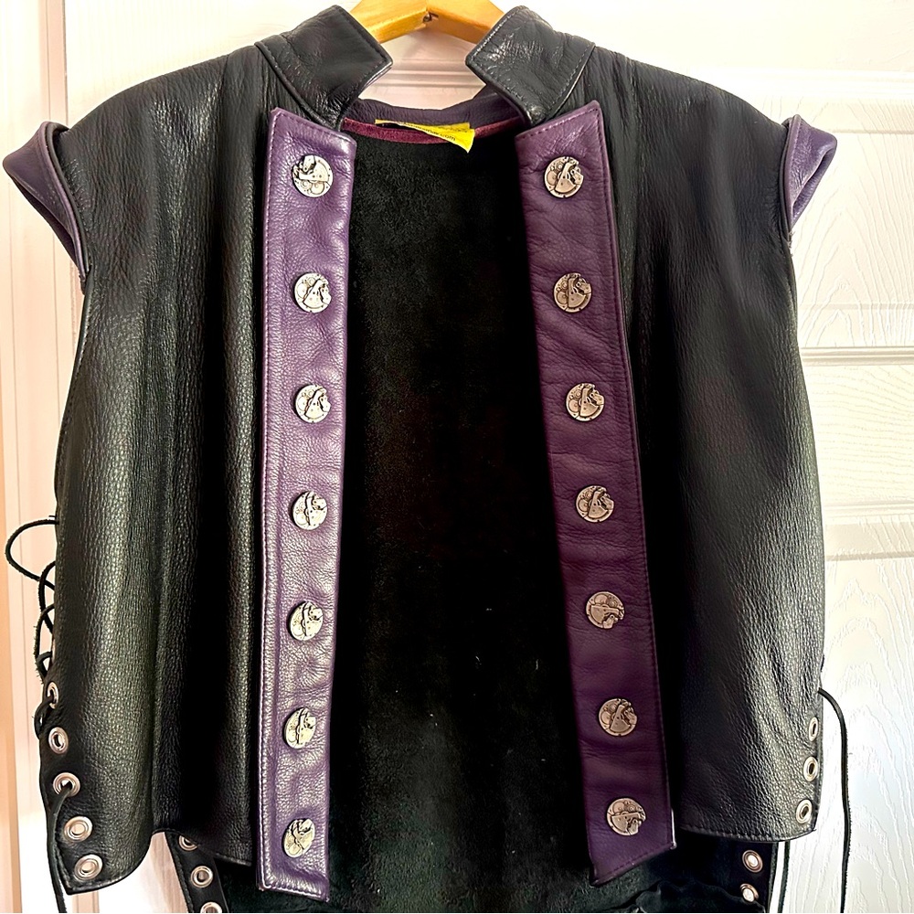 Custom handmade full leather waistcoat with long tails. Purple & Black